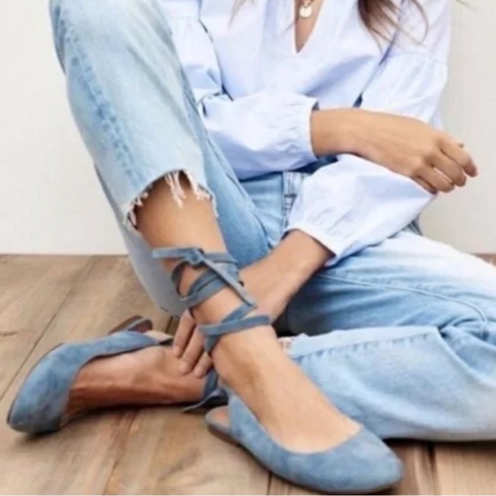 Madewell April Blue Suede Lace Up Ballet Flats Size 7.5 - Picture 1 of 8